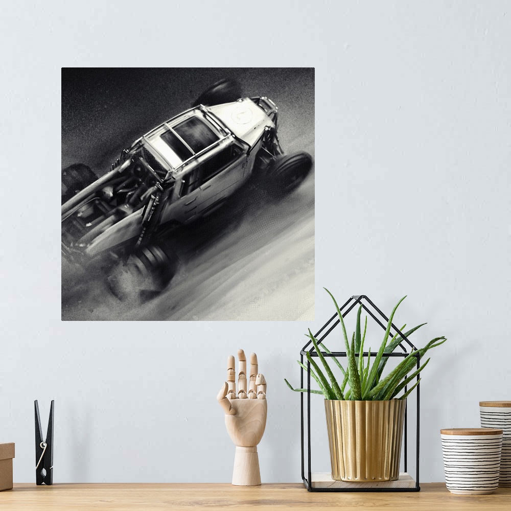 A bohemian room featuring Monochrome concept sketch of a sand rail dune truck.