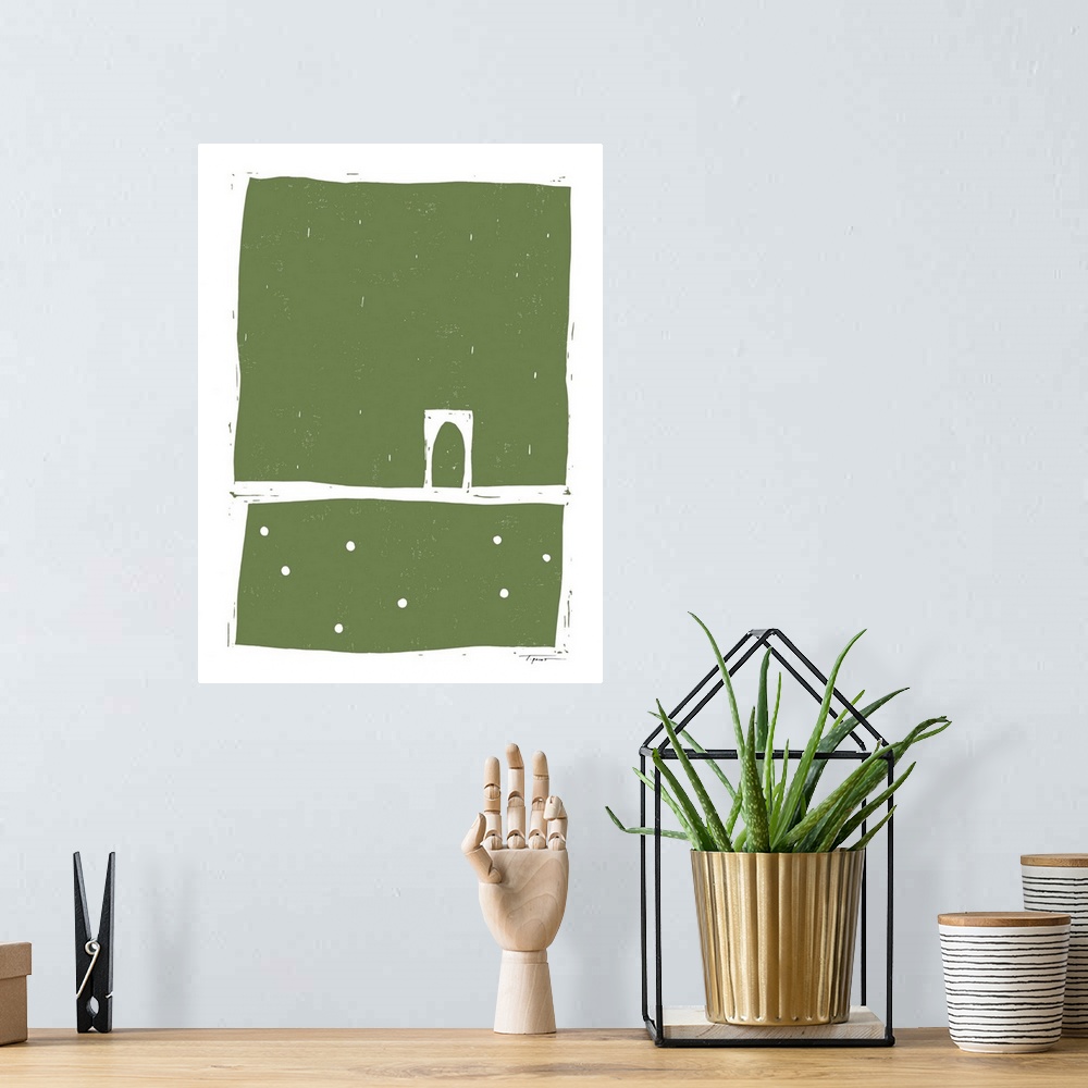 A bohemian room featuring Modern army green block print with large abstract shapes.