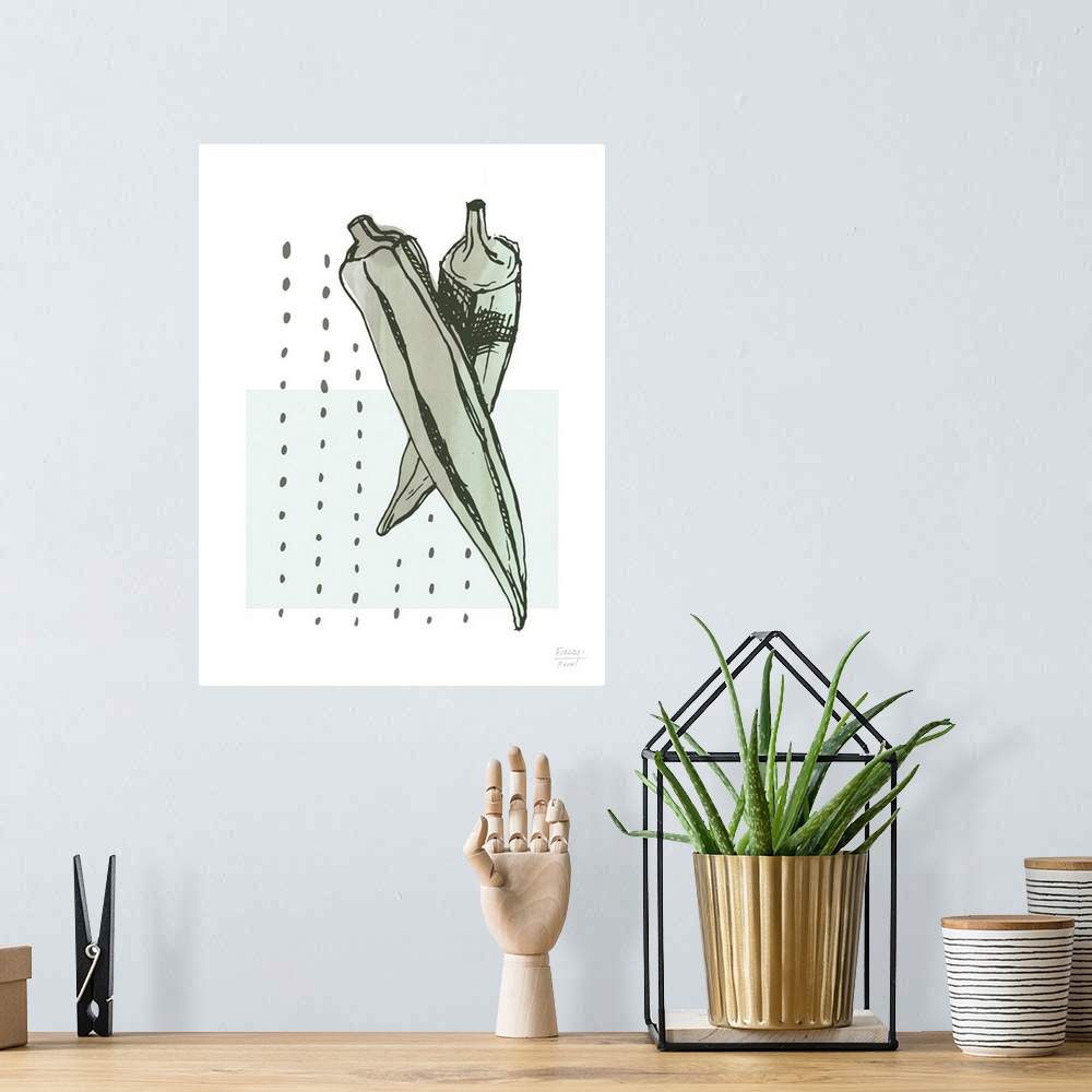 A bohemian room featuring Watercolor kitchen print with okra and abstract shapes in green.