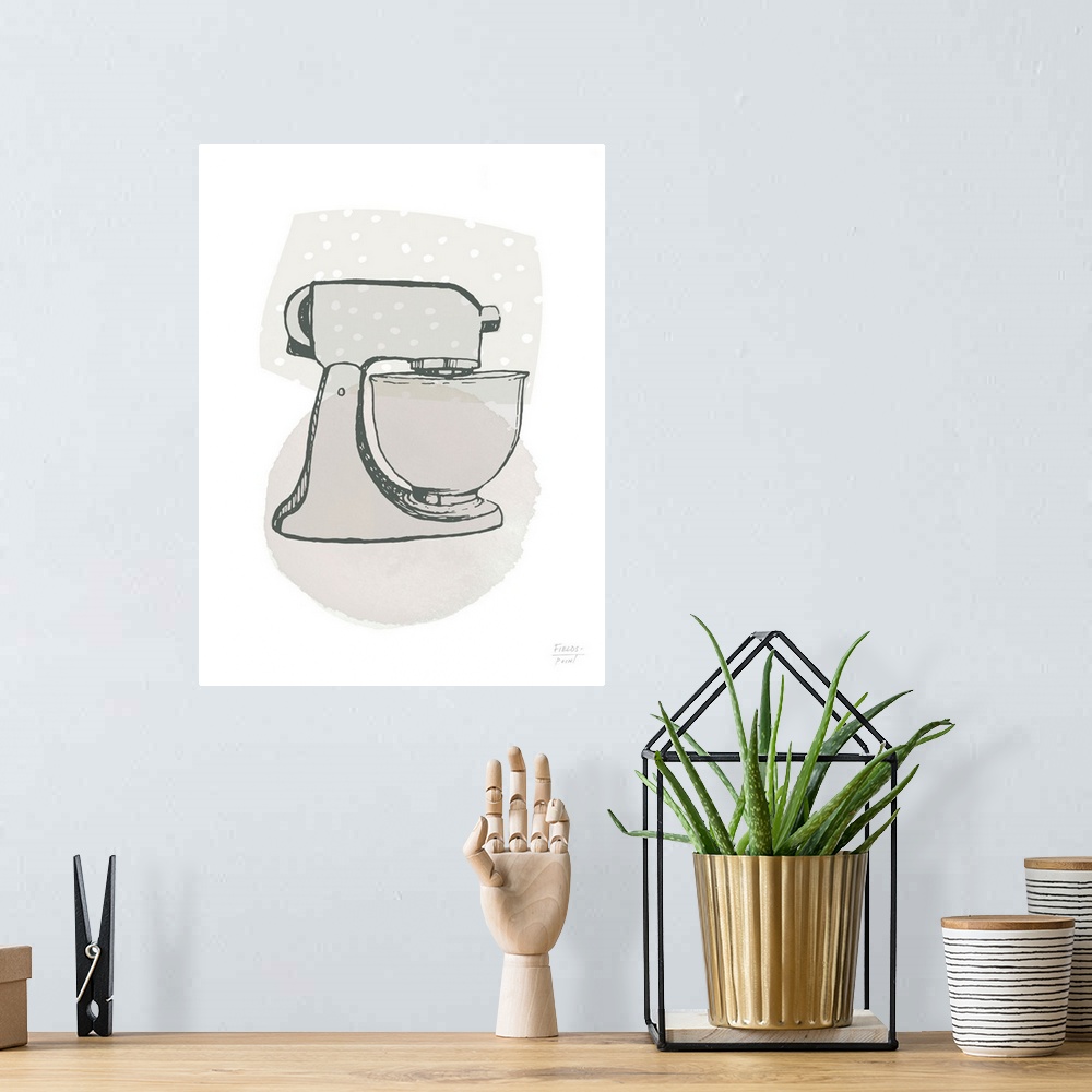 A bohemian room featuring Watercolor kitchen print of a stand mixer and watercolor shapes in the background.