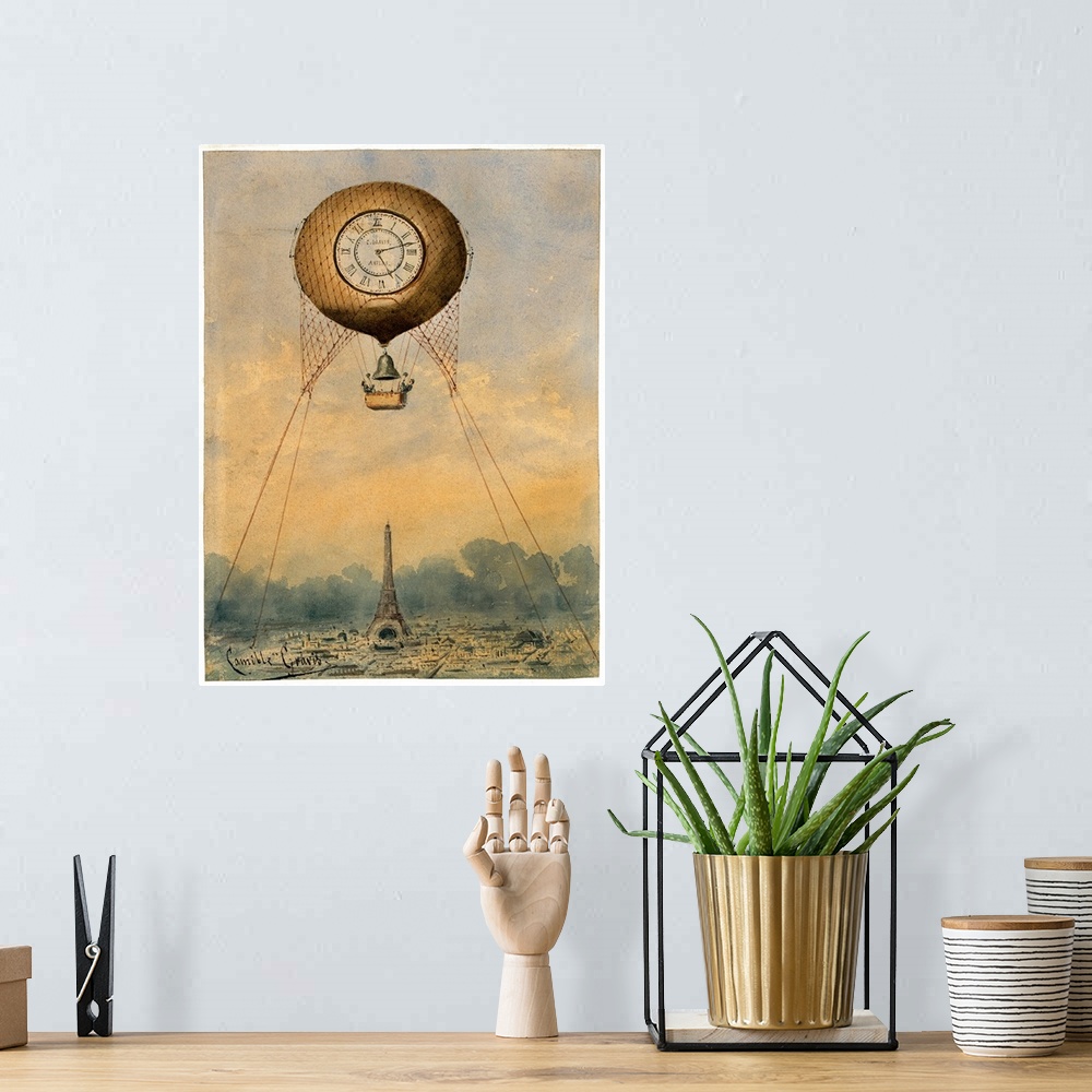 A bohemian room featuring A hot air balloon suspended above the Eiffel Tower in Paris, France. Watercolor by Camille Gr?vis...