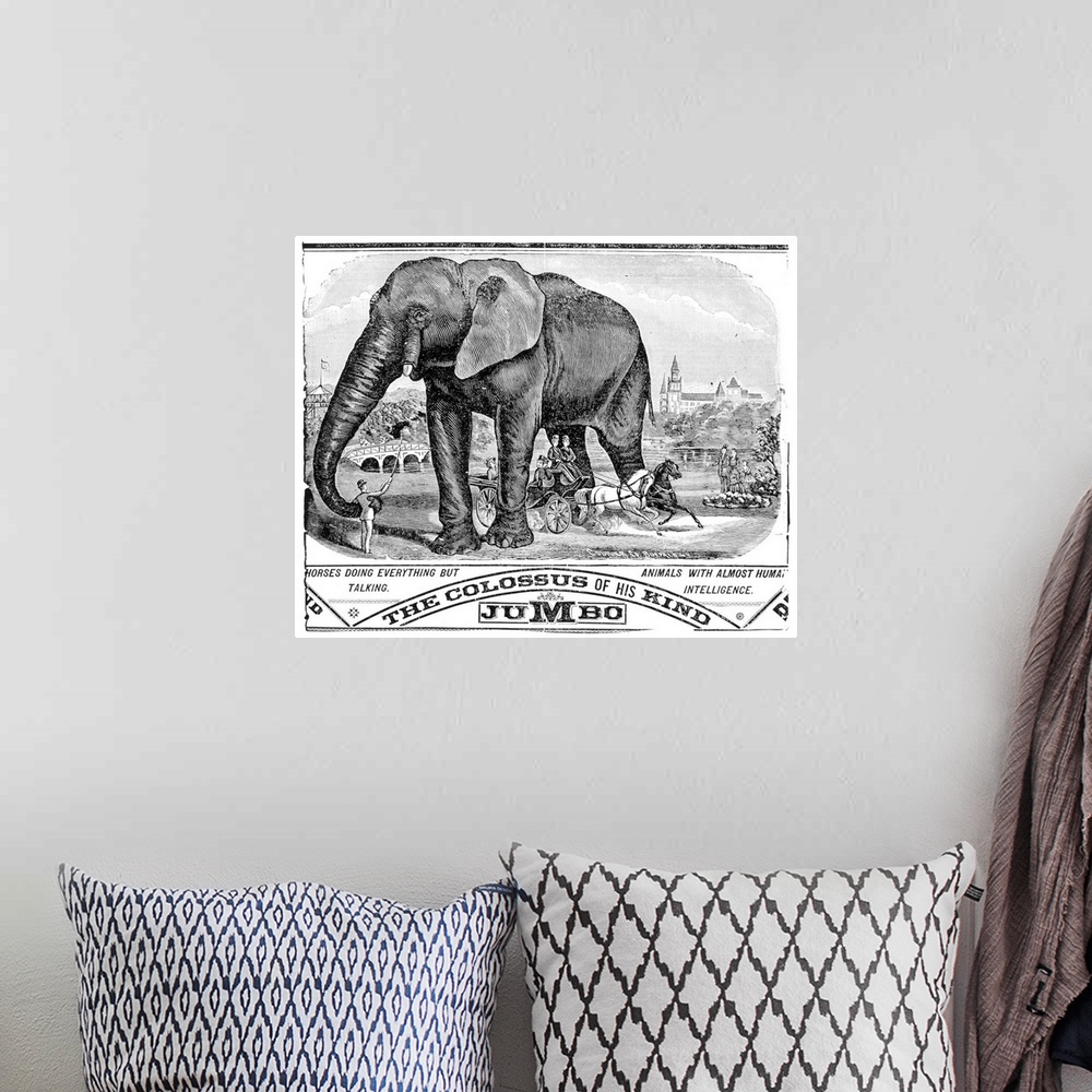 A bohemian room featuring Circus Handbill, C1884. Jumbo the Elephant Featured On An American Handbill For Barnum, Bailey An...