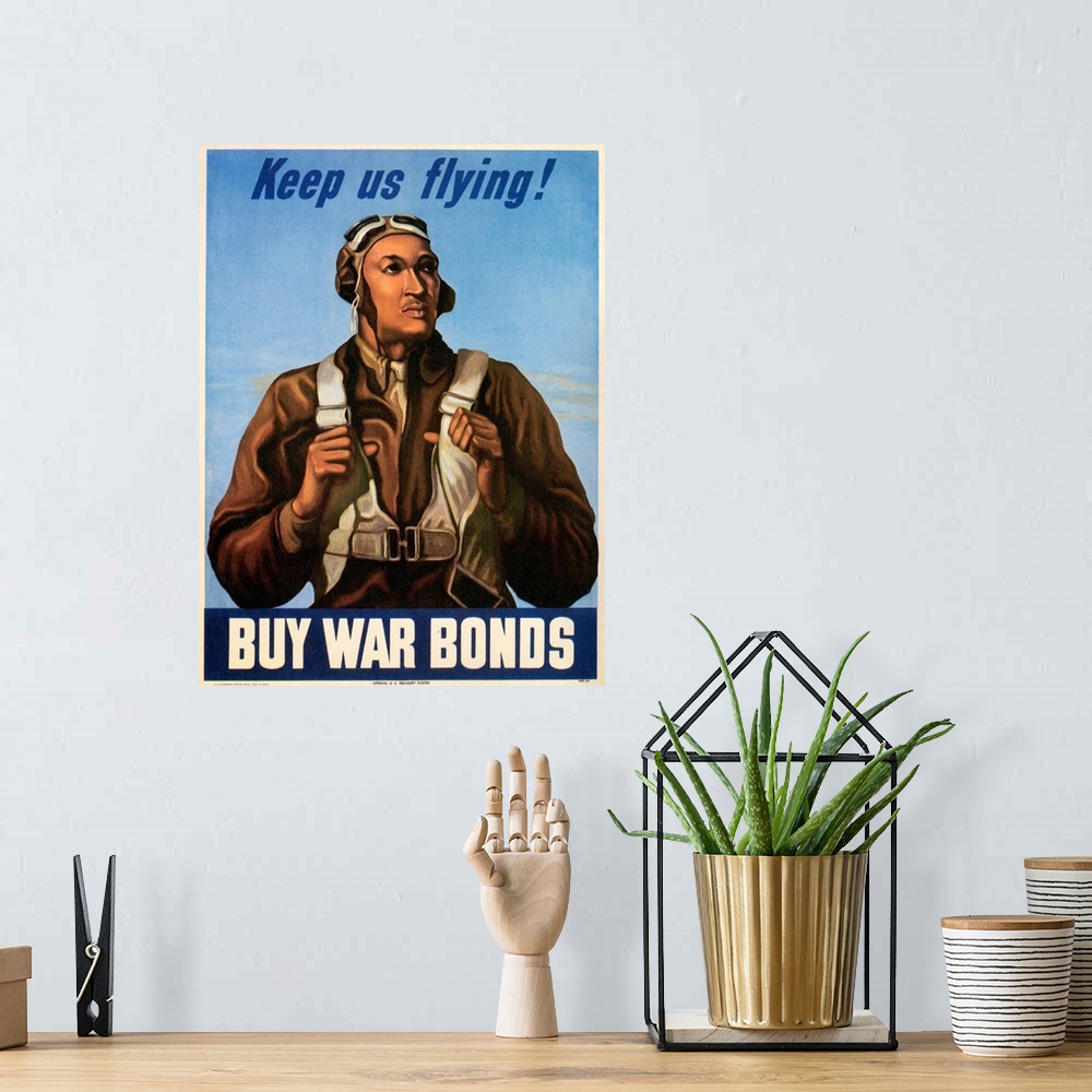 A bohemian room featuring 'Keep Us Flying! Buy War Bonds.' Poster featuring fighter pilot Robert Diez. Lithograph, 1943.