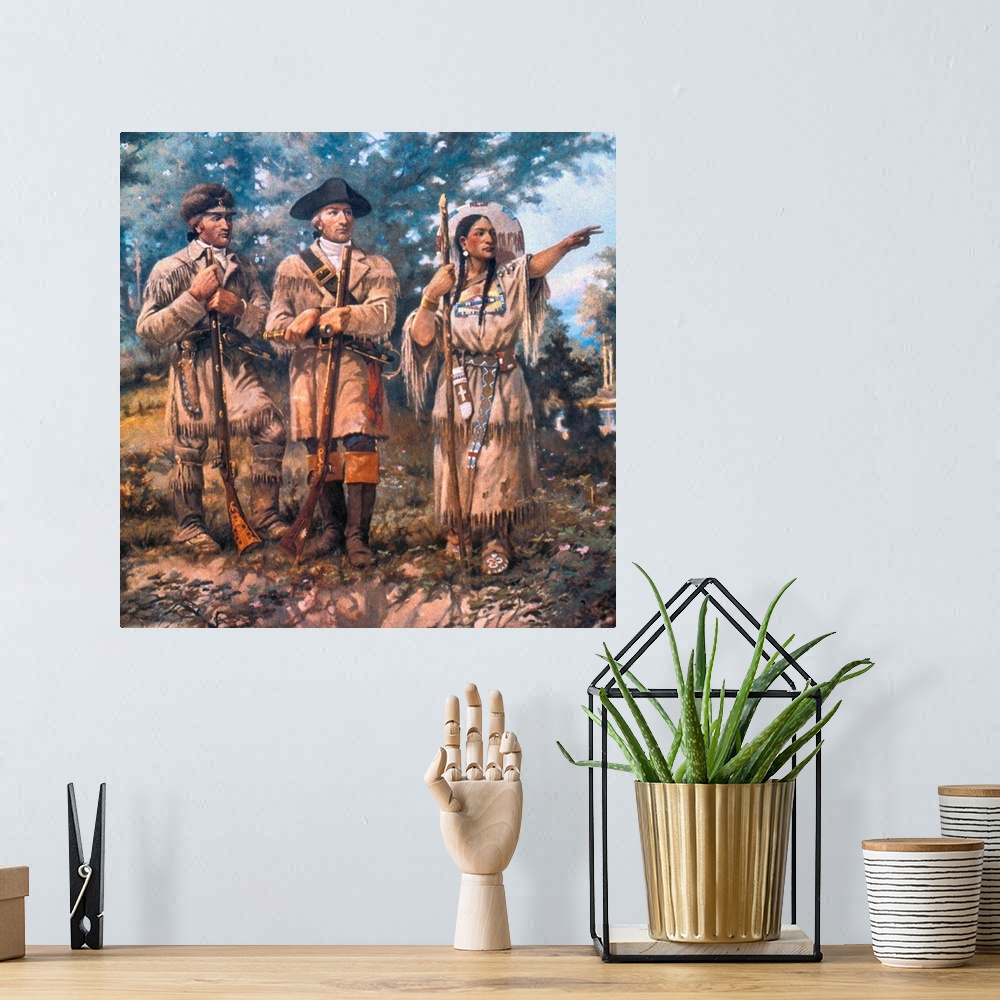 A bohemian room featuring Explorers Meriwether Lewis (center) and William Clark with the guide Sacagawea at Three Forks of ...