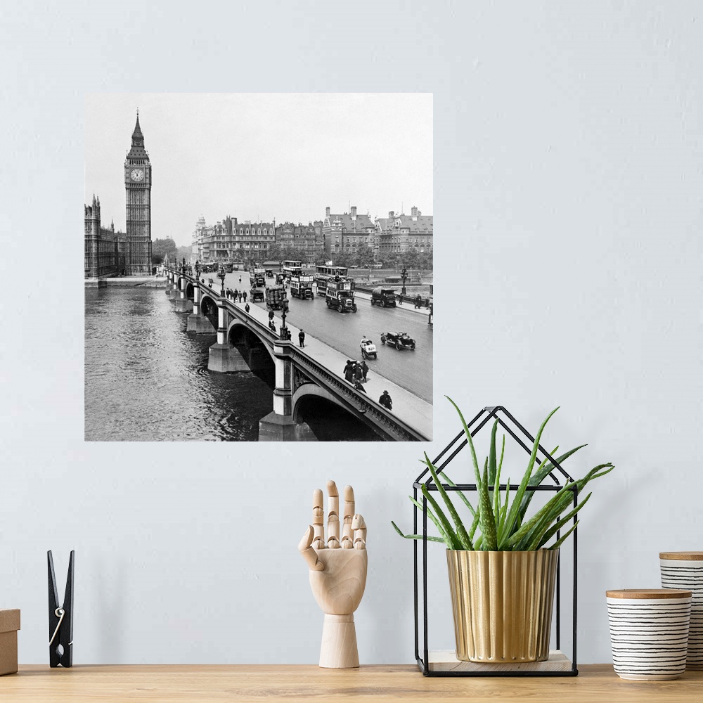 A bohemian room featuring Westminster Bridge with Big Ben and the Houses of Parliament in the background. Stereograph, c1926.