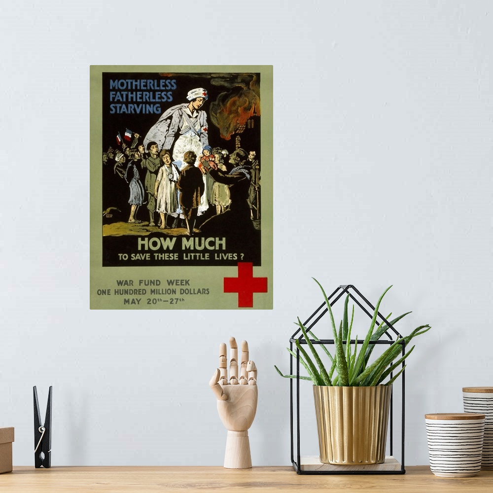 A bohemian room featuring American Red Cross fundraising poster with a Red Cross nurse among French children. Lithograph, 1...