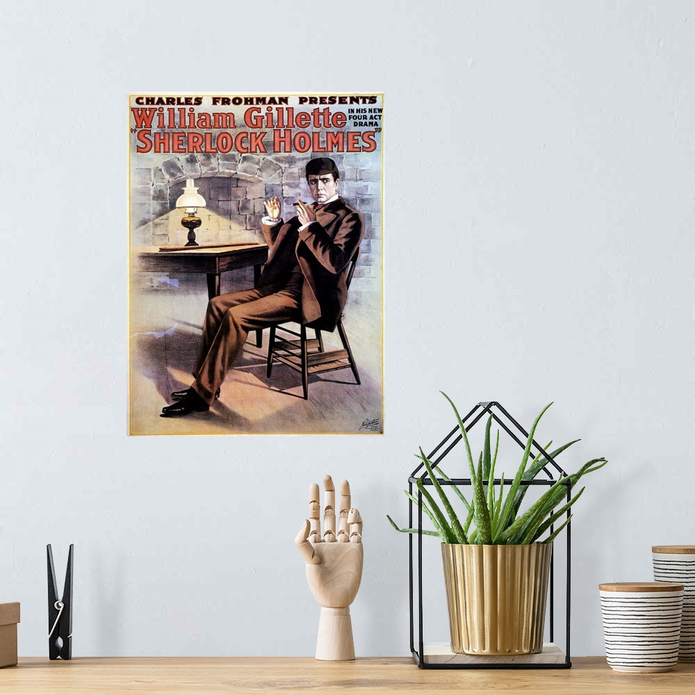 A bohemian room featuring William Gillette in the title role of his New York theatrical production of 'Sherlock Holmes.' Am...