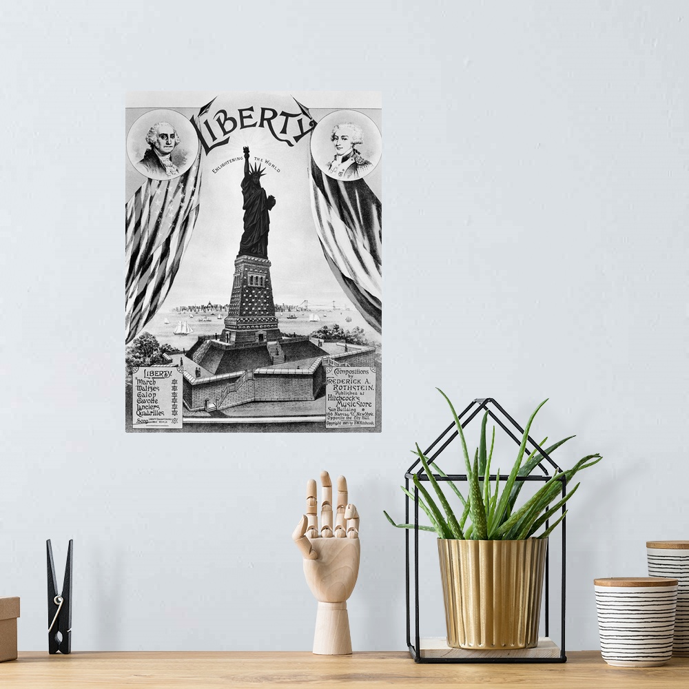 A bohemian room featuring 'Liberty Enlightening the World.' American sheet music cover, 1885, for compositions by Frederick...