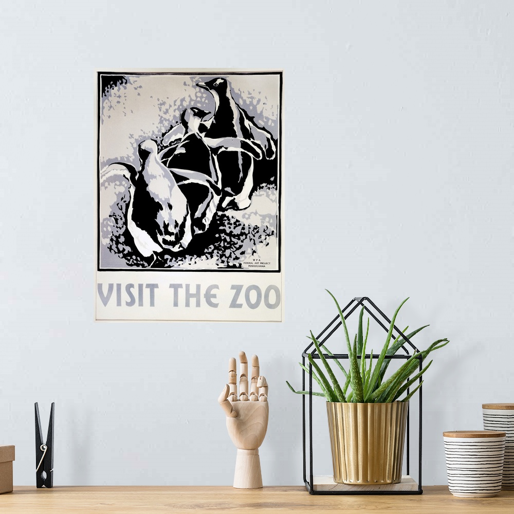 A bohemian room featuring 'Visit the Zoo.' Woodcut by Louise Welsh, c1936.