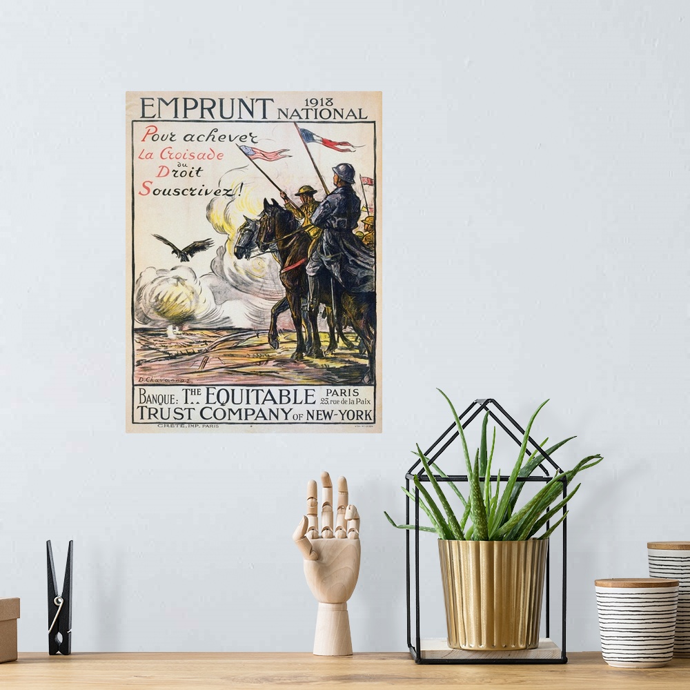 A bohemian room featuring 'To Help the Right Triumph, Subscribe!' Soldiers on horses at the edge of a battlefield, carrying...