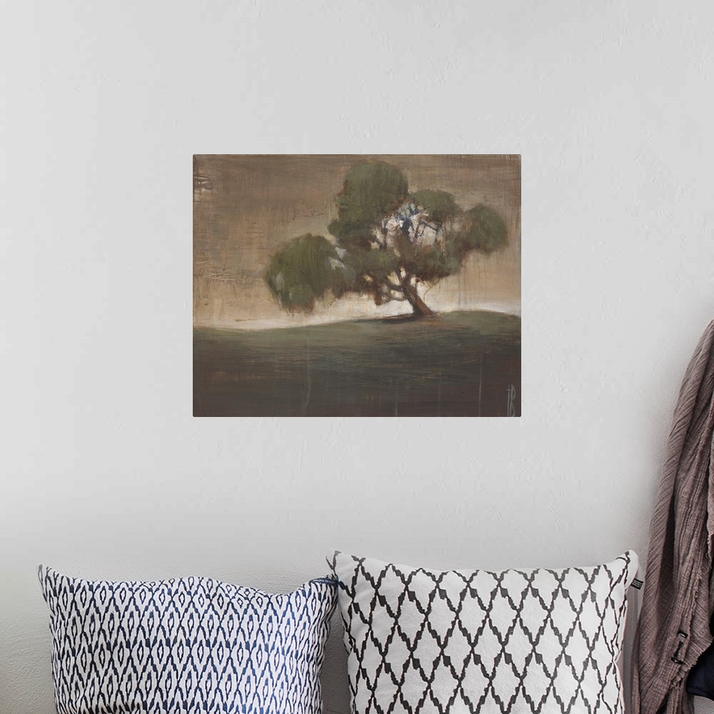 A bohemian room featuring A contemporary painting of a lone tree leaning to its side on a grassy knoll.