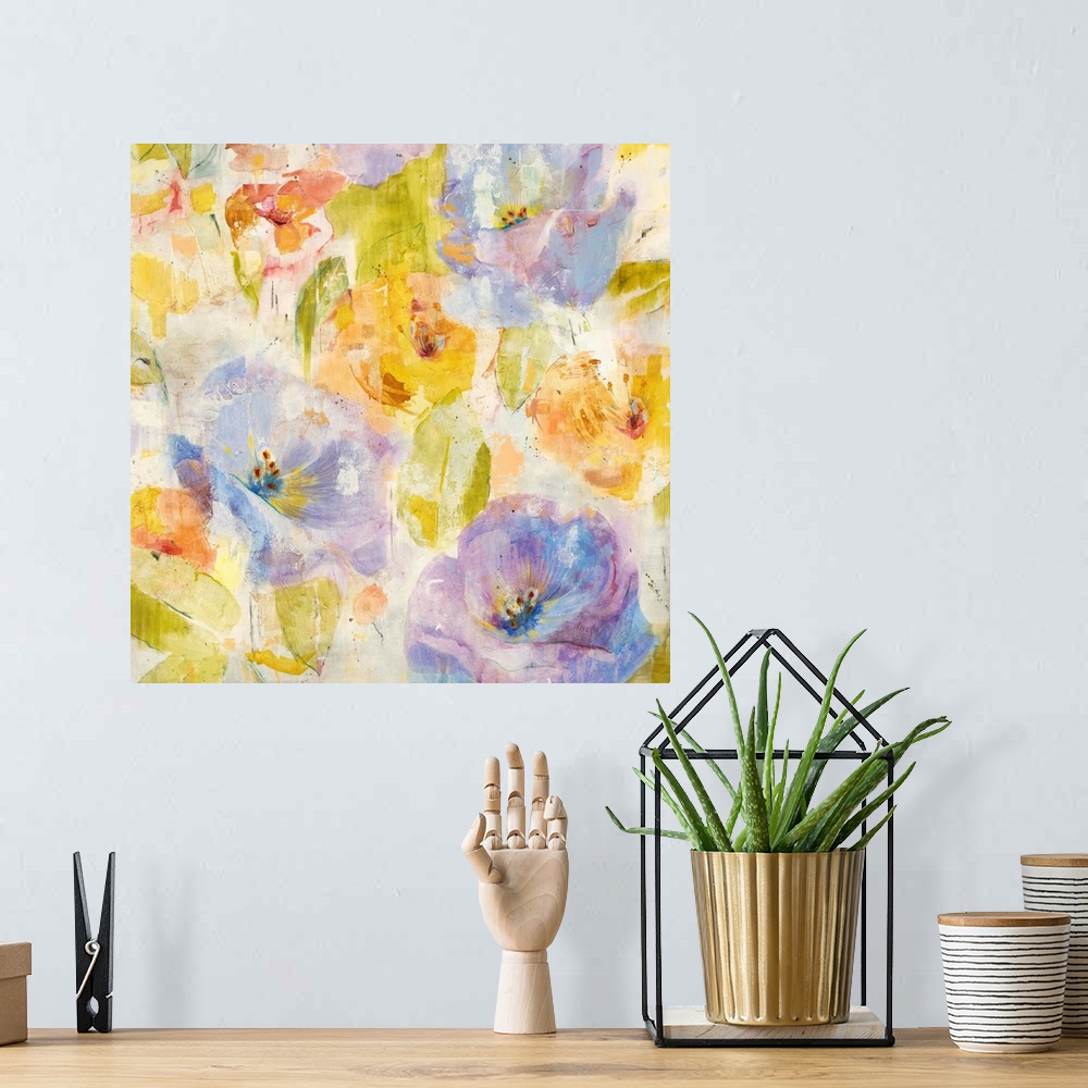 A bohemian room featuring A contemporary painting of soft pale purple and orange flowers.