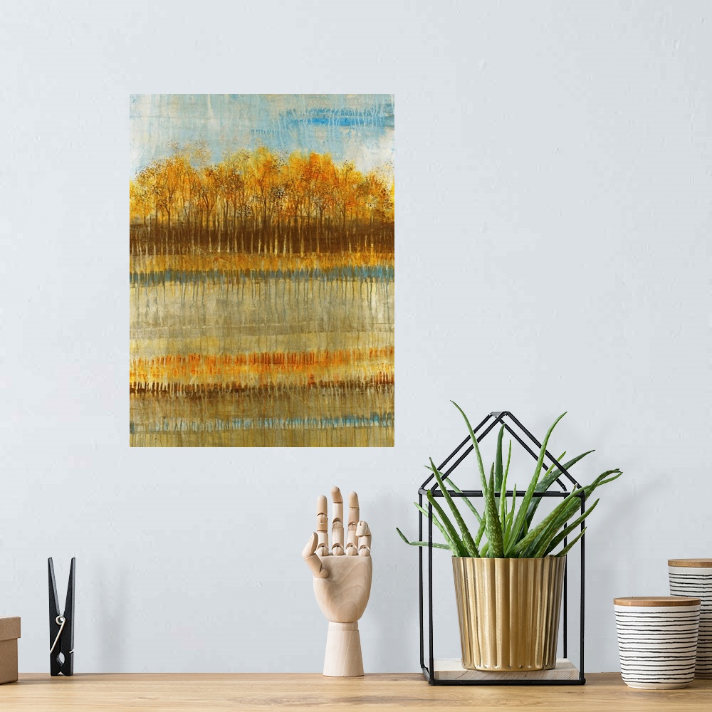A bohemian room featuring Abstract painting on canvas of a line of trees with gradient colors layered below.