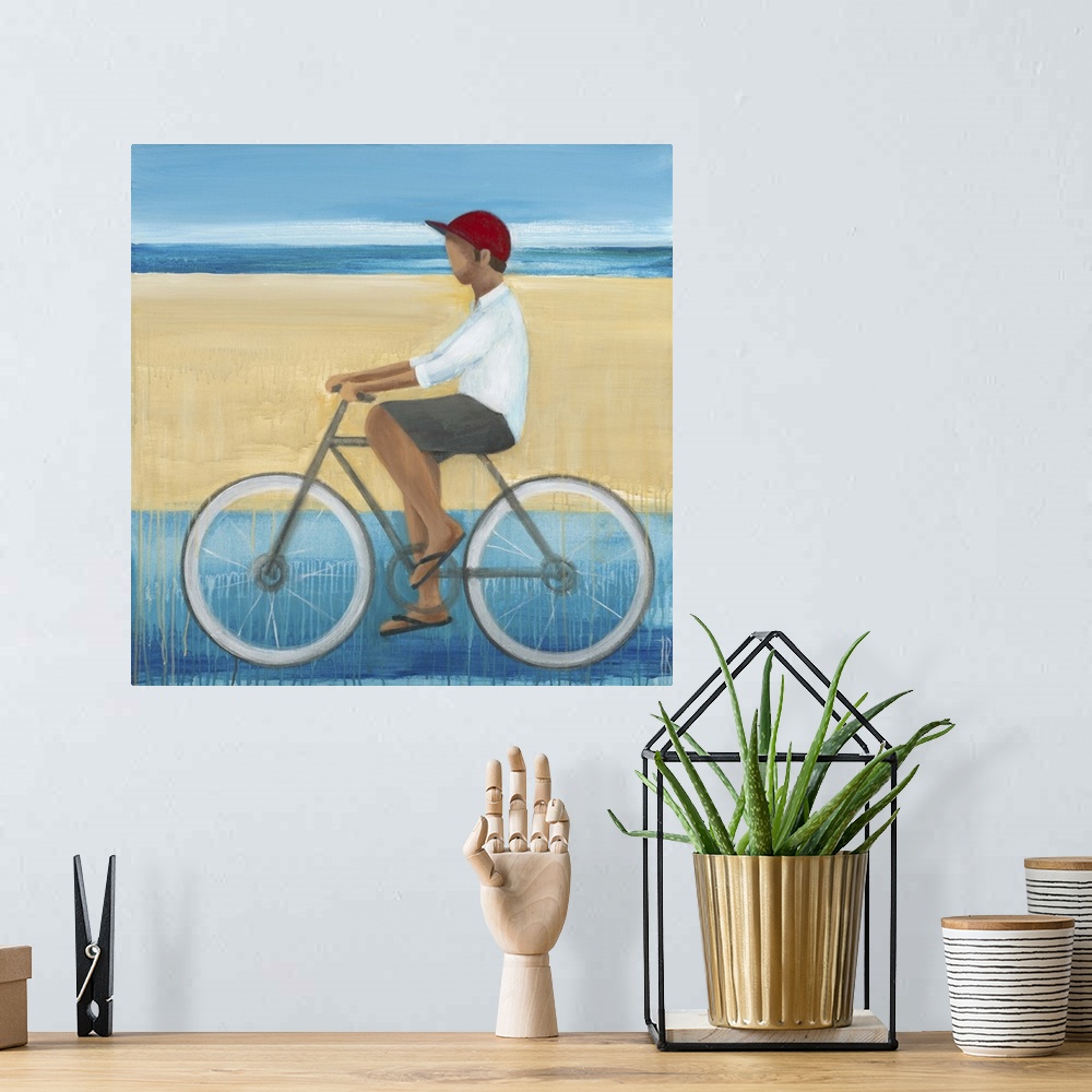A bohemian room featuring Contemporary figurative painting of a man riding a bicycle.