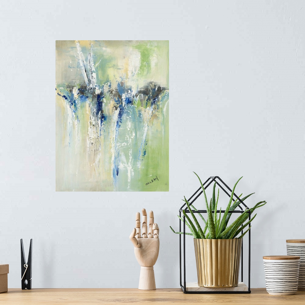 A bohemian room featuring Large abstract painting in blue, green, yellow, gray, ad white hues.