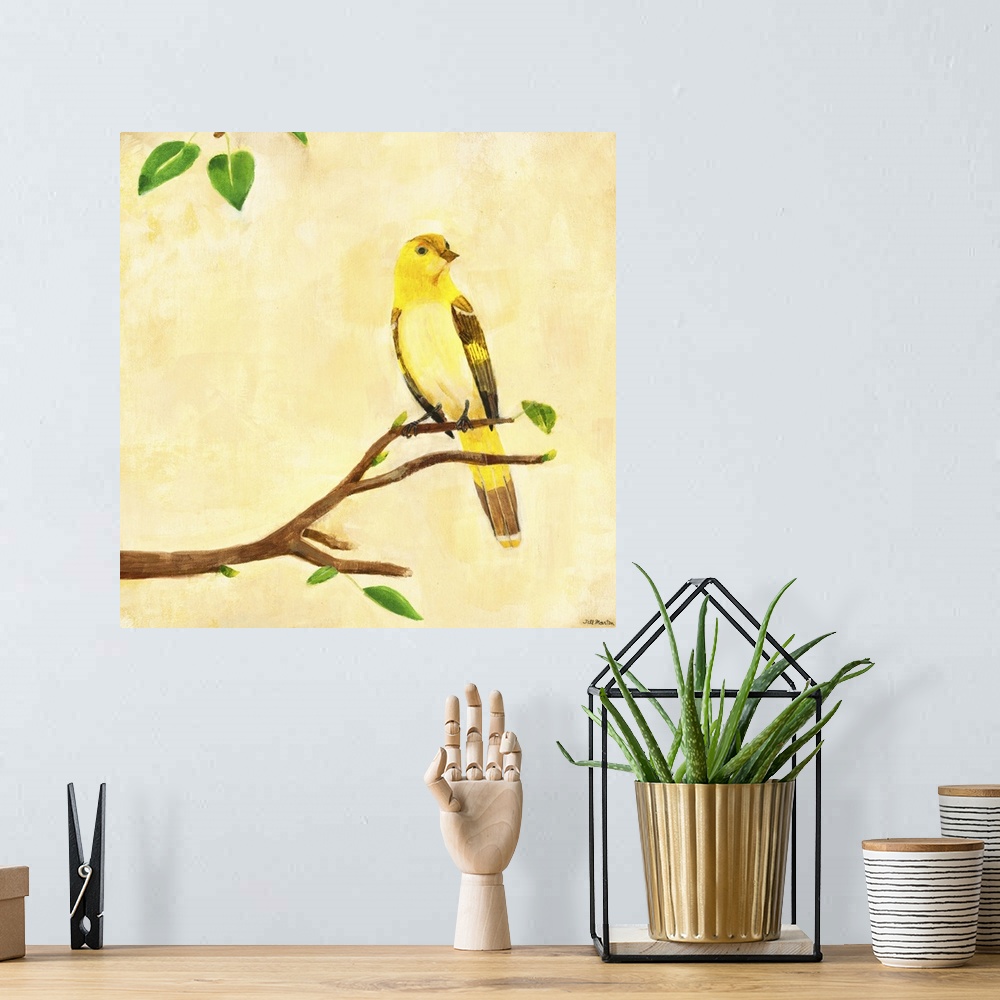A bohemian room featuring Contemporary artwork of a yellow garden bird perched on a tree branch.