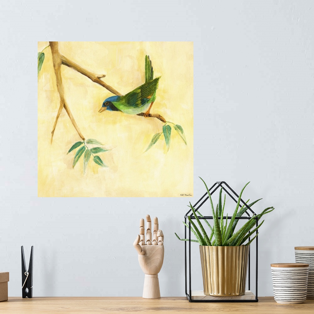 A bohemian room featuring Contemporary artwork of a green garden bird perched on a tree branch.