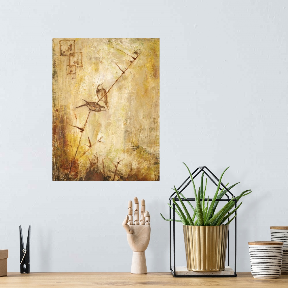A bohemian room featuring Contemporary painting of a pair of birds perched on a long thin stem.