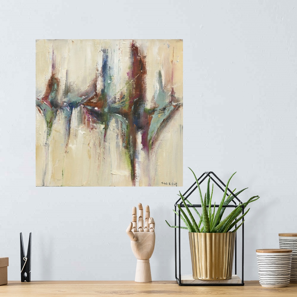 A bohemian room featuring Square abstract painting with colorful brushstrokes in the middle resembling a reflection.