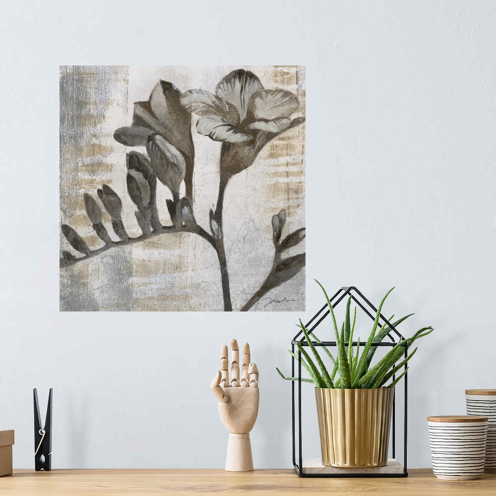 A bohemian room featuring A decorative square painting of a flower in brown and gray tones with small metallic speckles thr...
