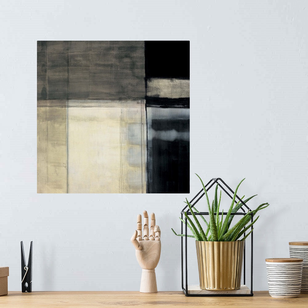 A bohemian room featuring Contemporary abstract painting using neutral tones and geometric shapes.