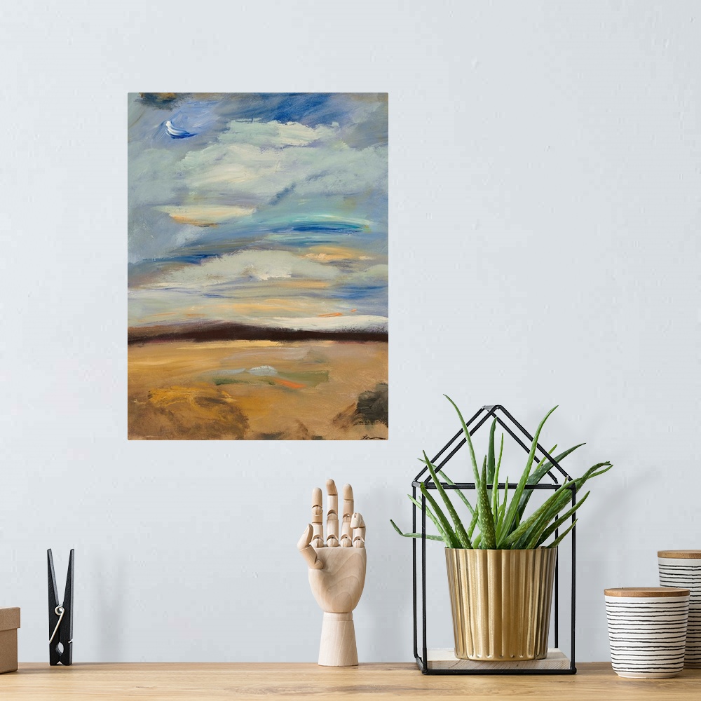 A bohemian room featuring Contemporary abstract painting of a plains landscape under a blue cloudy sky.