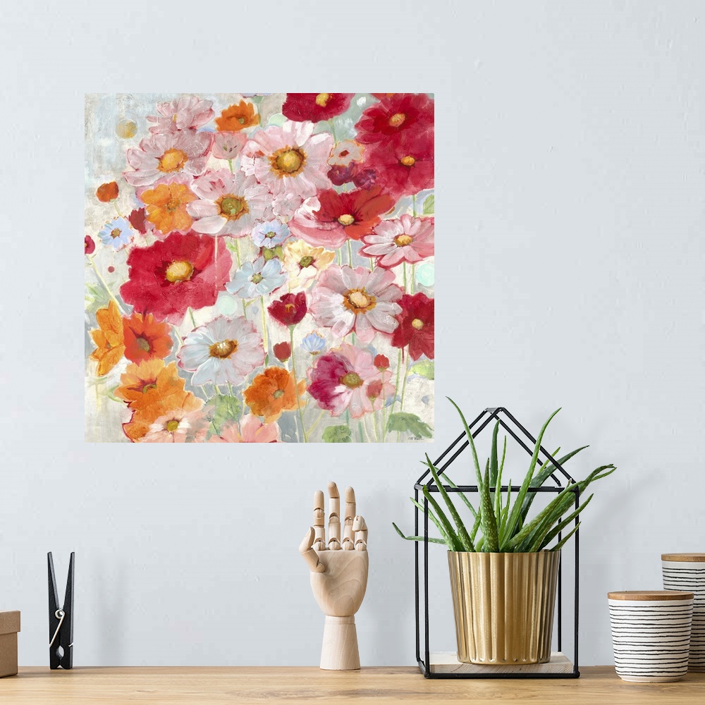A bohemian room featuring Contemporary painting of vibrant red orange and pink flowers in a garden.