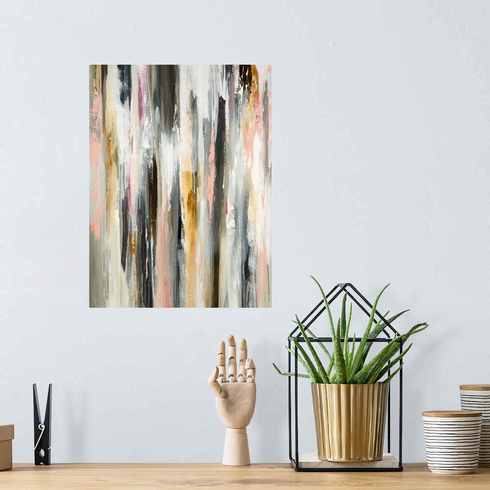 A bohemian room featuring Abstract painting with vertical brushstrokes layered on top of each other in shades of pink, brow...