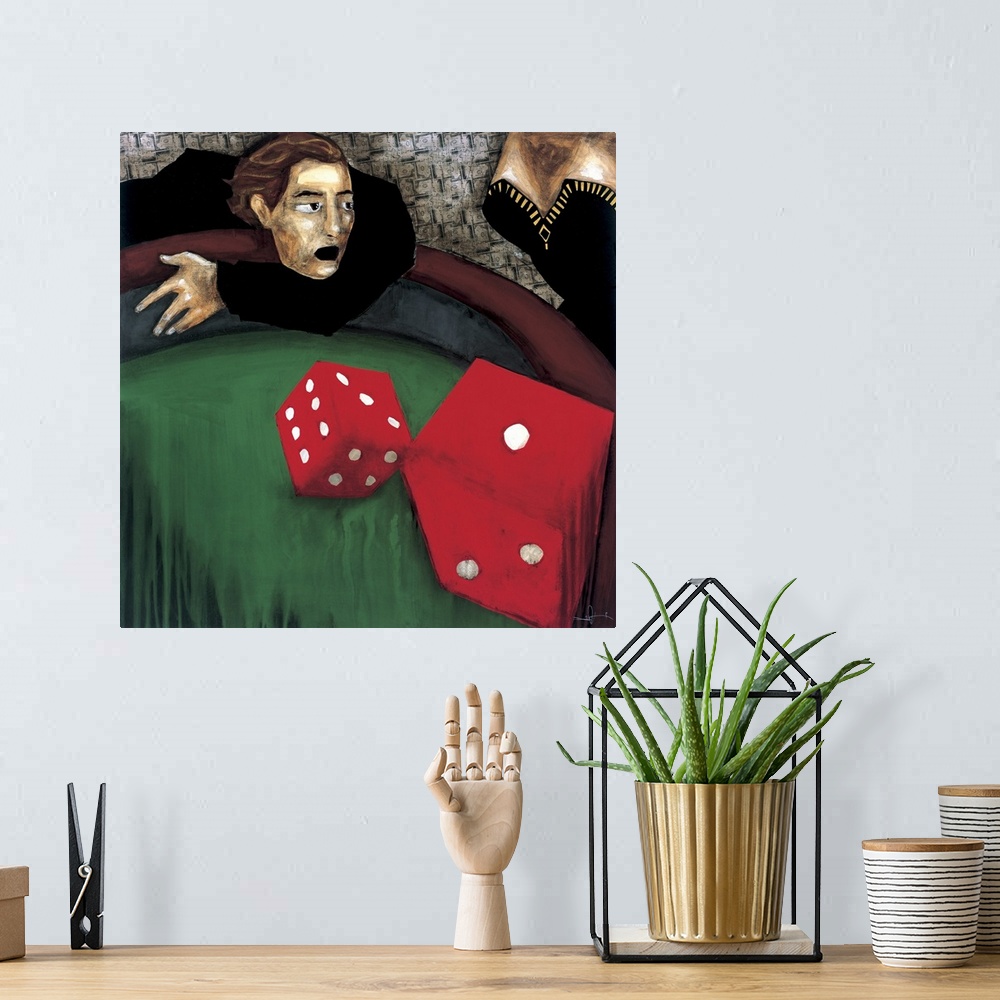 A bohemian room featuring A painting of a man throwing red dice on a craps table.