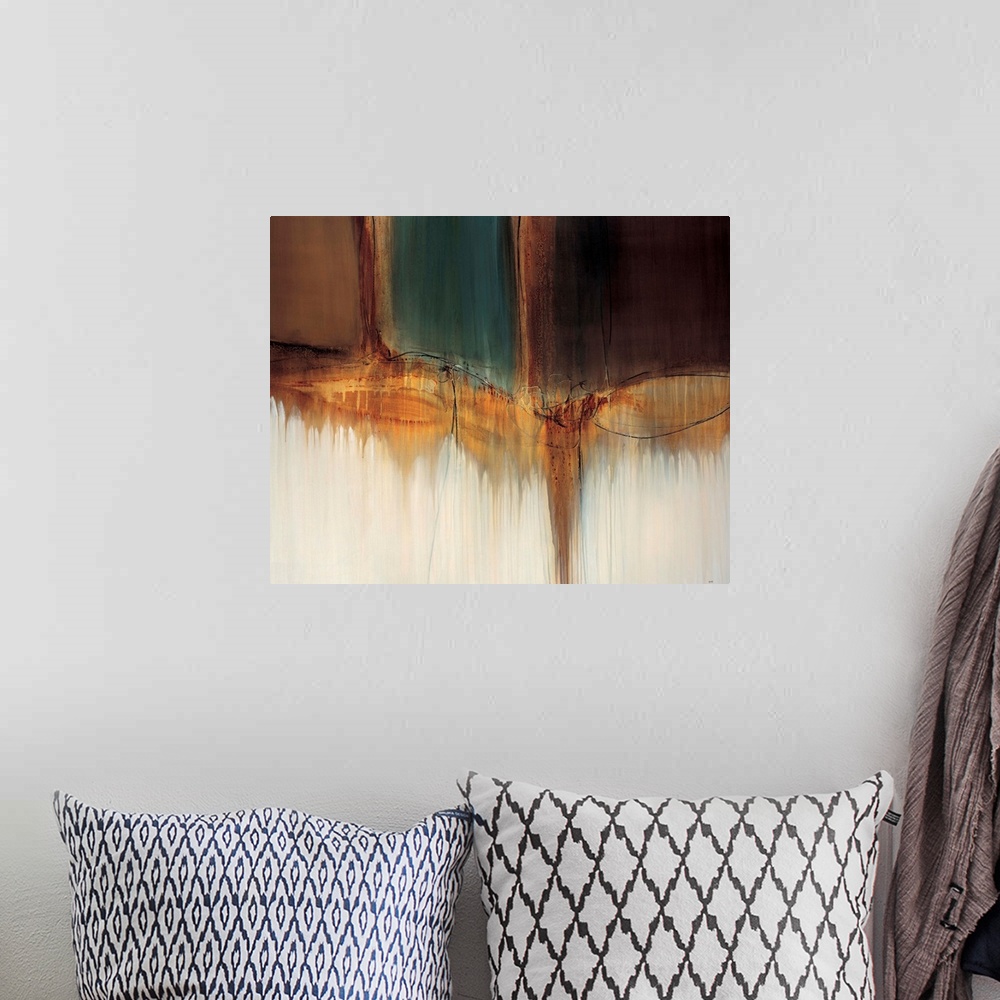 A bohemian room featuring Contemporary abstract painting using earthy tones.
