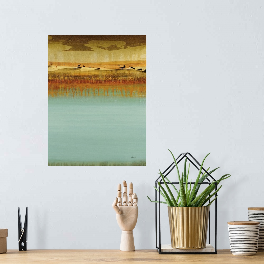 A bohemian room featuring Large, vertical abstract artwork that looks like a body of water with a scenic landscape and clou...
