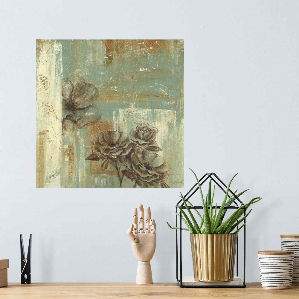 A bohemian room featuring Contemporary floral painting using geometric shapes and muted colors.
