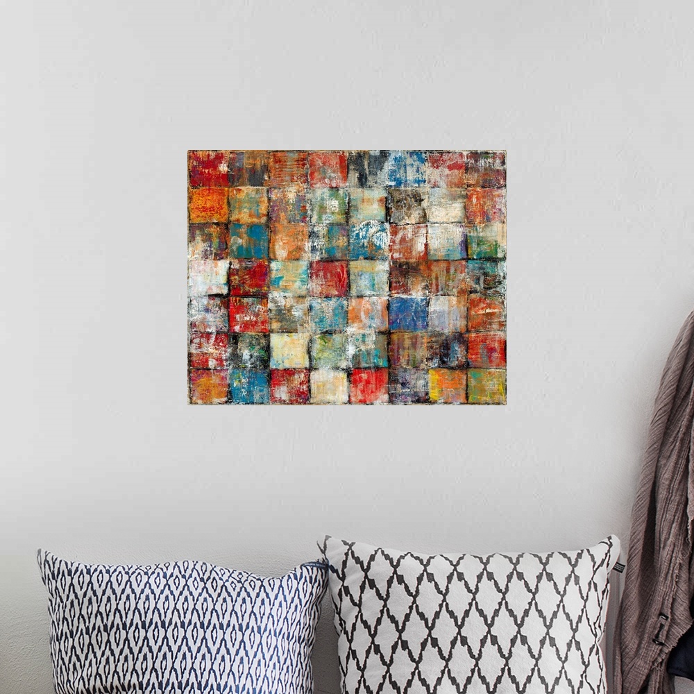 A bohemian room featuring Contemporary abstract painting of distressed multicolored squares lined up in a grid pattern.