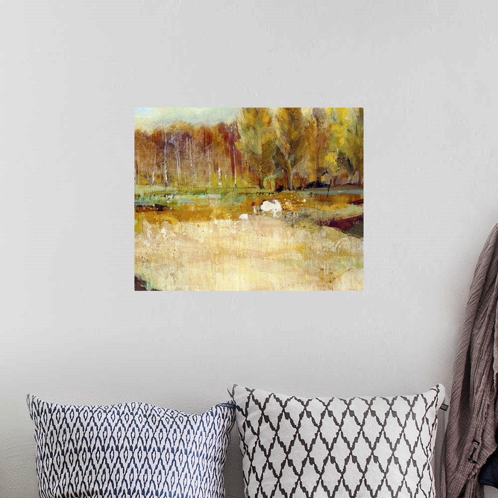 A bohemian room featuring Contemporary landscape painting looking at a line of trees in fall foliage.