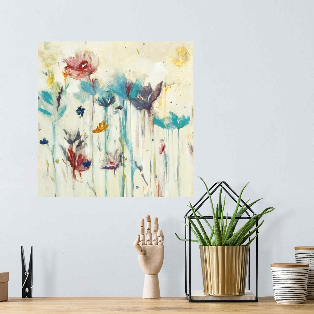A bohemian room featuring Square contemporary painting of a group of colorful flowers with long stems on a neutral background.