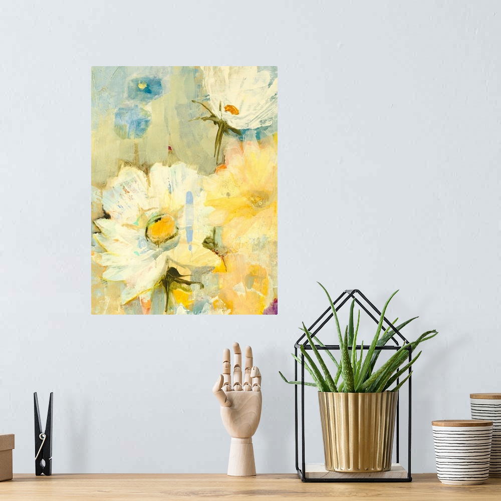 A bohemian room featuring A decorative floral painting in bright, warm yellow tones.
