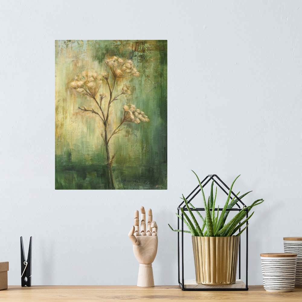A bohemian room featuring Contemporary painting of a single flower standing in the center of the image against a washed and...