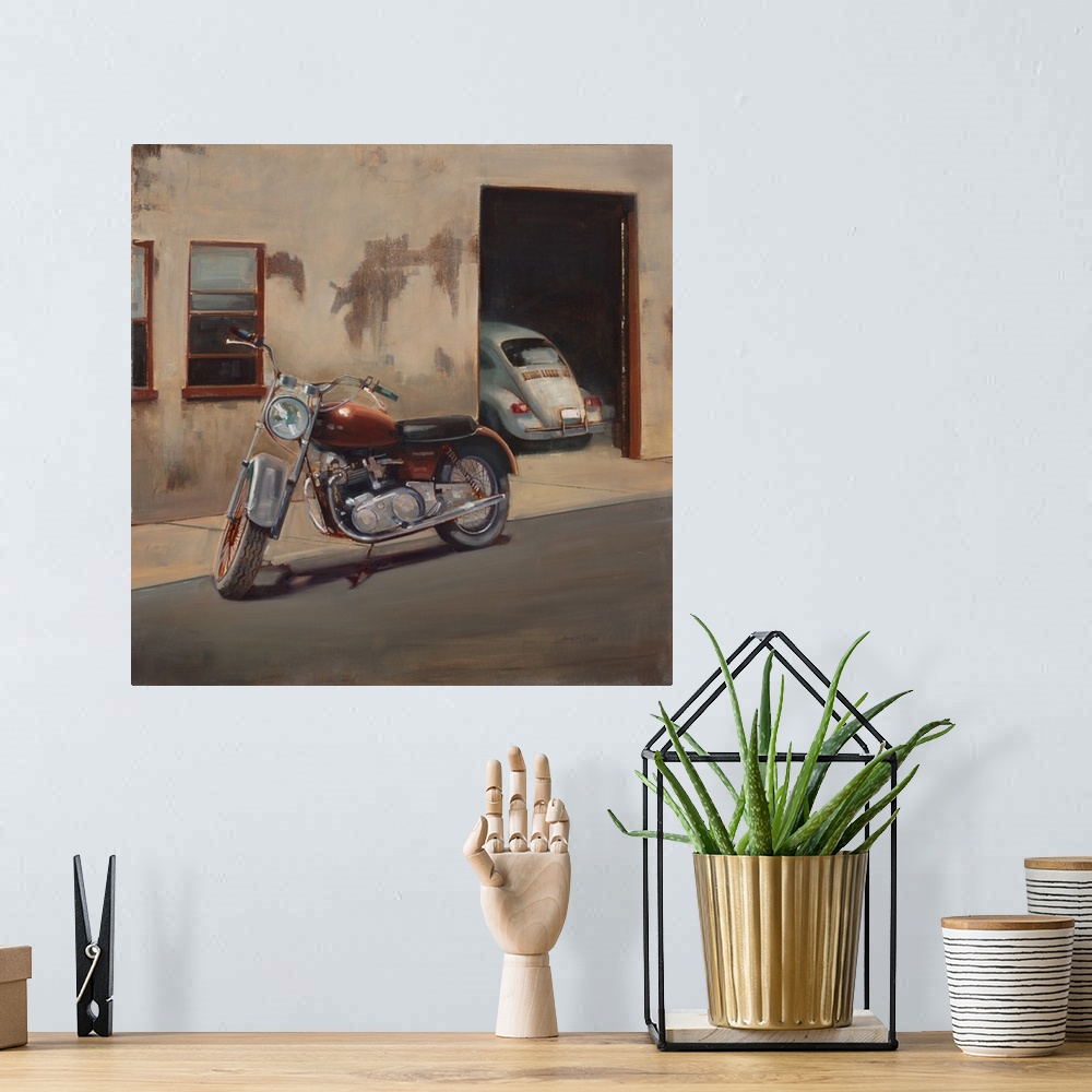 A bohemian room featuring Contemporary painting of a motorcycle parked outside on the street with a building in the backgro...