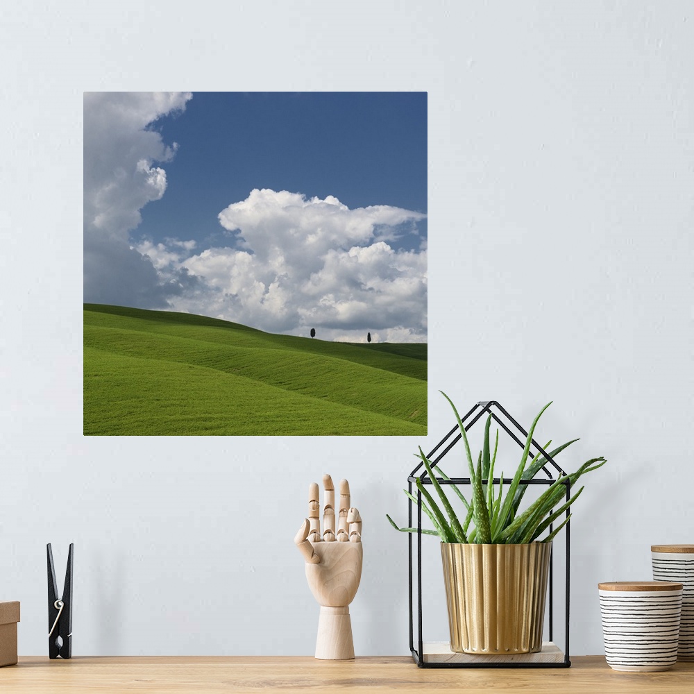 A bohemian room featuring A photograph of a green valley with massive fluffy clouds hanging overhead.