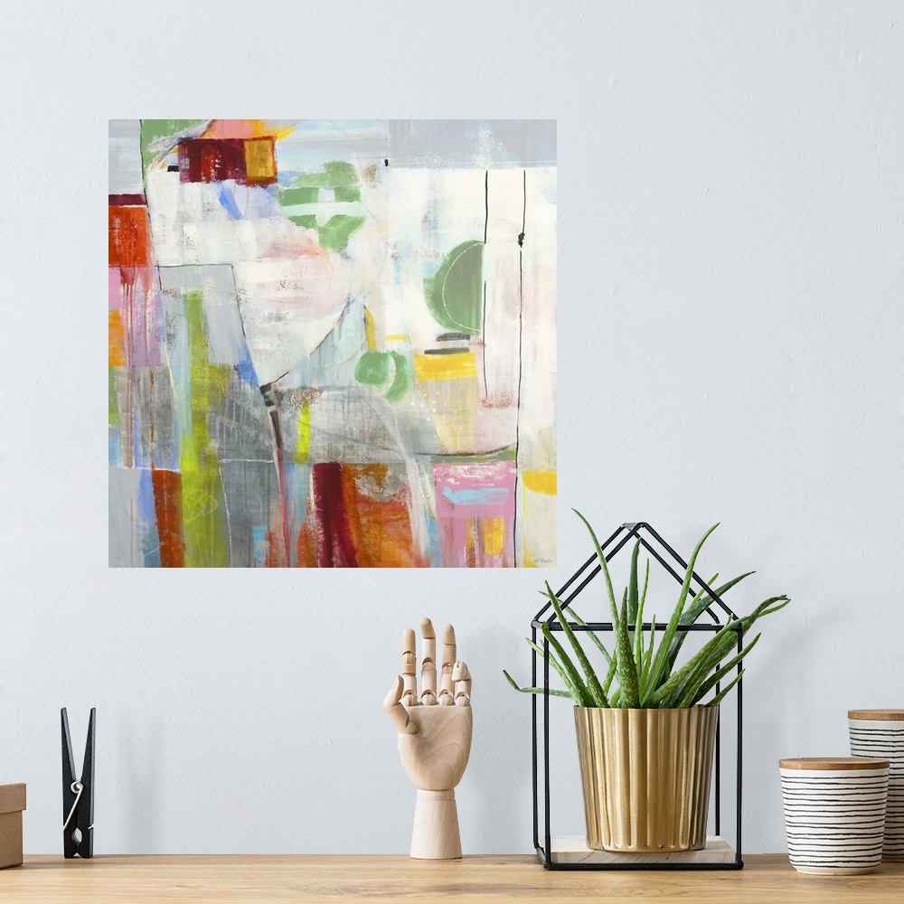 A bohemian room featuring Contemporary abstract painting using vibrant colors and geometric shapes.