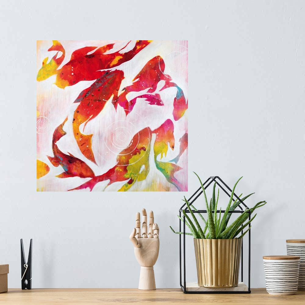 A bohemian room featuring Contemporary painting of colorful koi swimming in a pond.