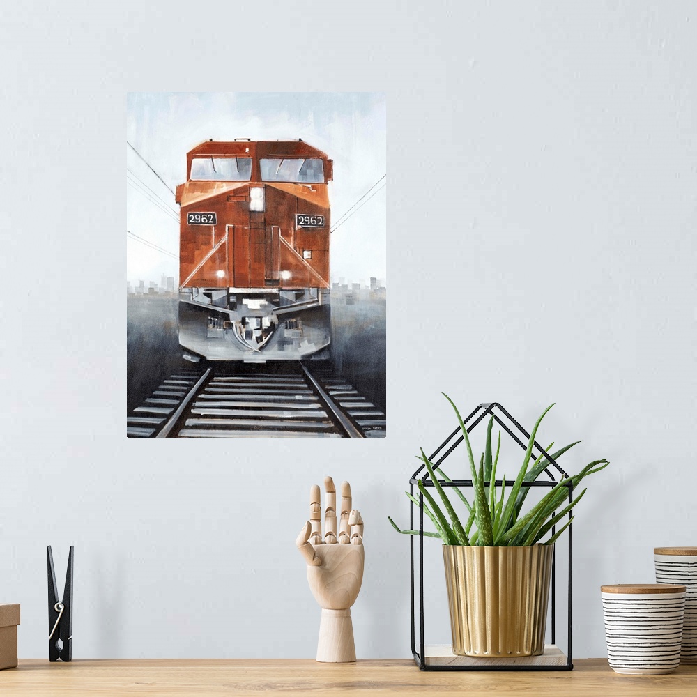 A bohemian room featuring Contemporary painting of the front of a burnt orange train with the tracks in the foreground and ...