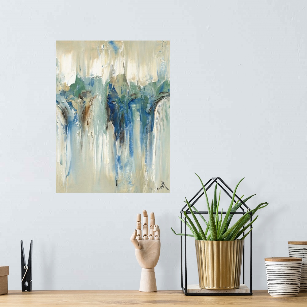 A bohemian room featuring Large contemporary painting with an abstract design in the middle on a beige background with blue...