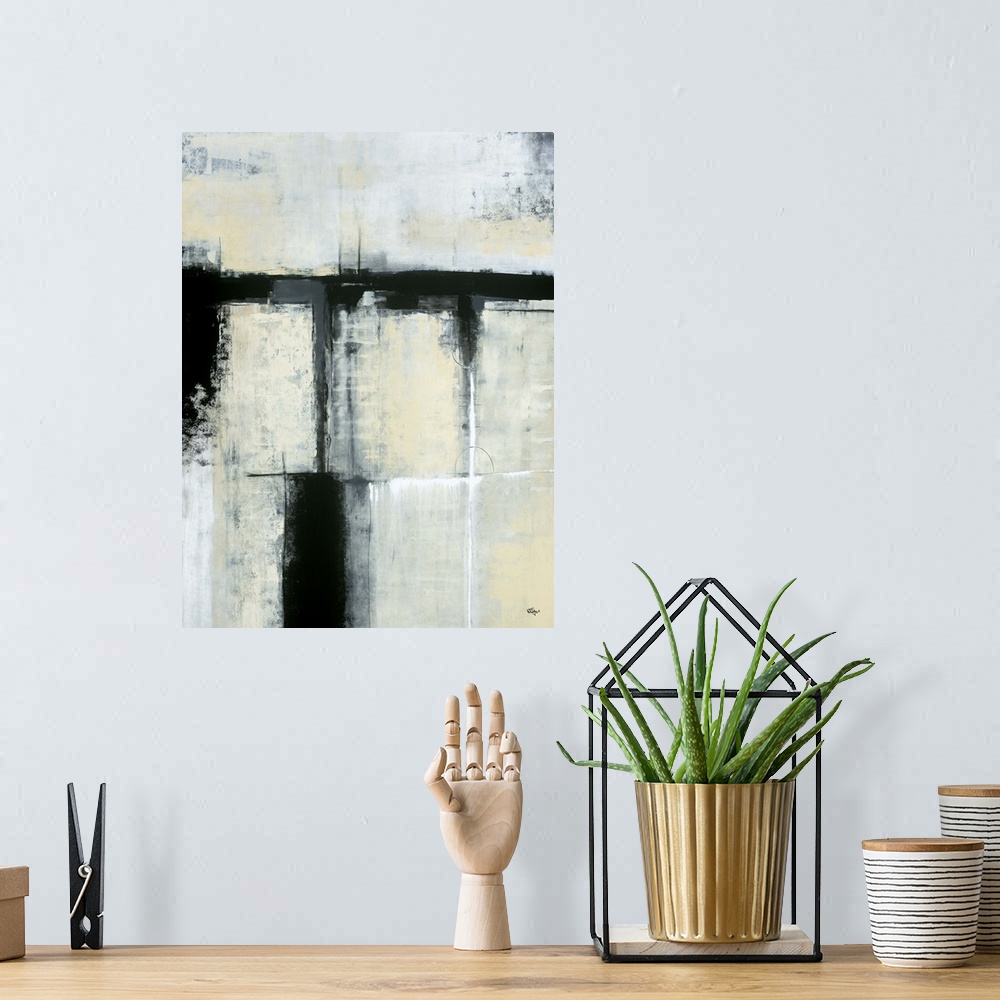 A bohemian room featuring A contemporary abstract painting using neutral colors in a distressed look.