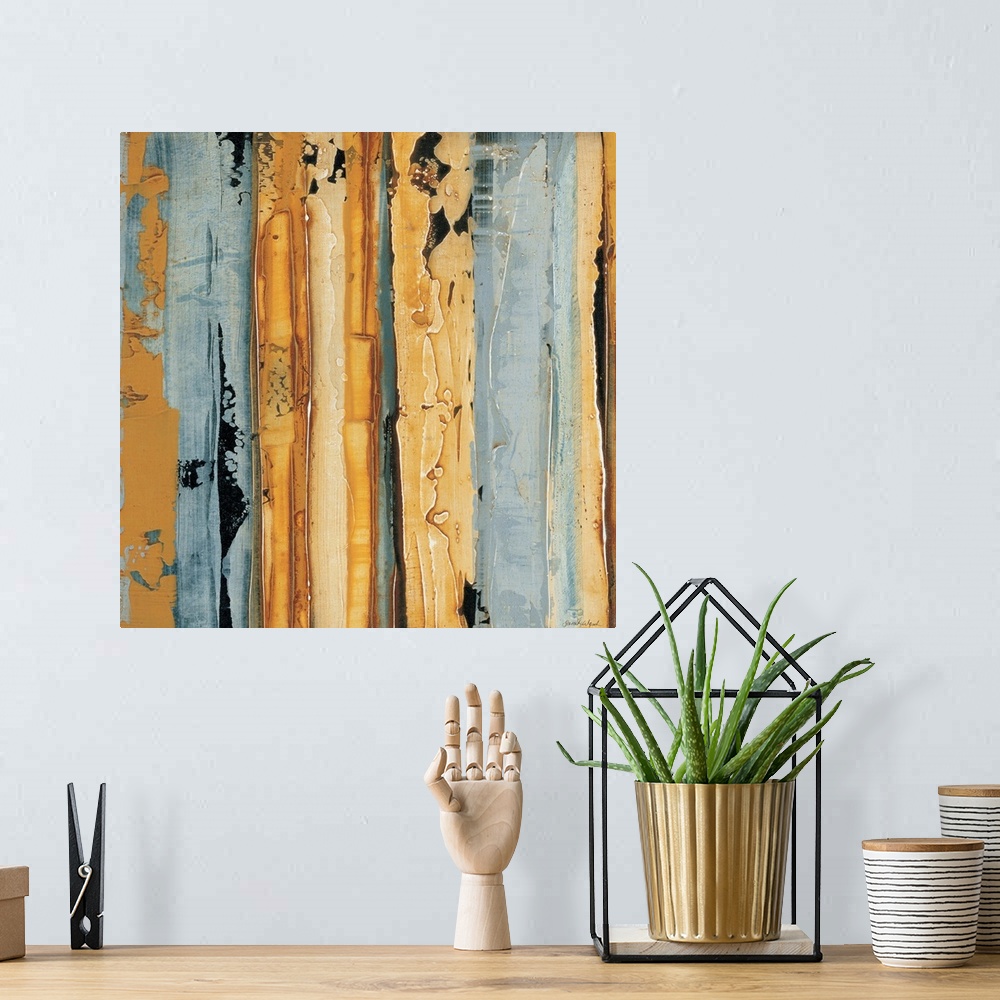 A bohemian room featuring Contemporary abstract painting using gold and pale gray in vertical lines.