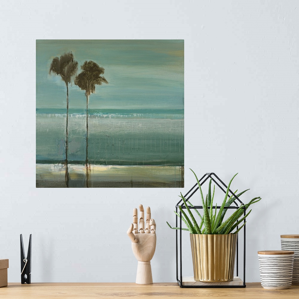 A bohemian room featuring A contemporary painting of two tall thin palm trees standing against a sea blue background.