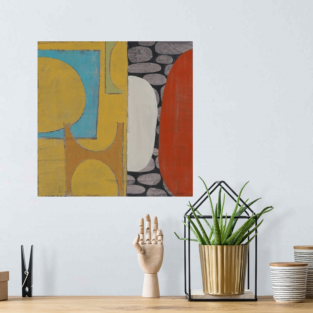 A bohemian room featuring A square abstract painting of curved lines and patterned shapes in primary colors.