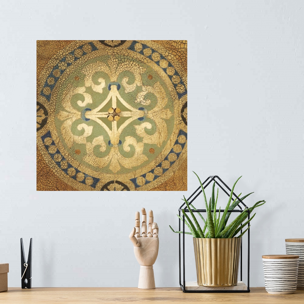 A bohemian room featuring Contemporary artwork of an antique tile that is crackling in all four corners.