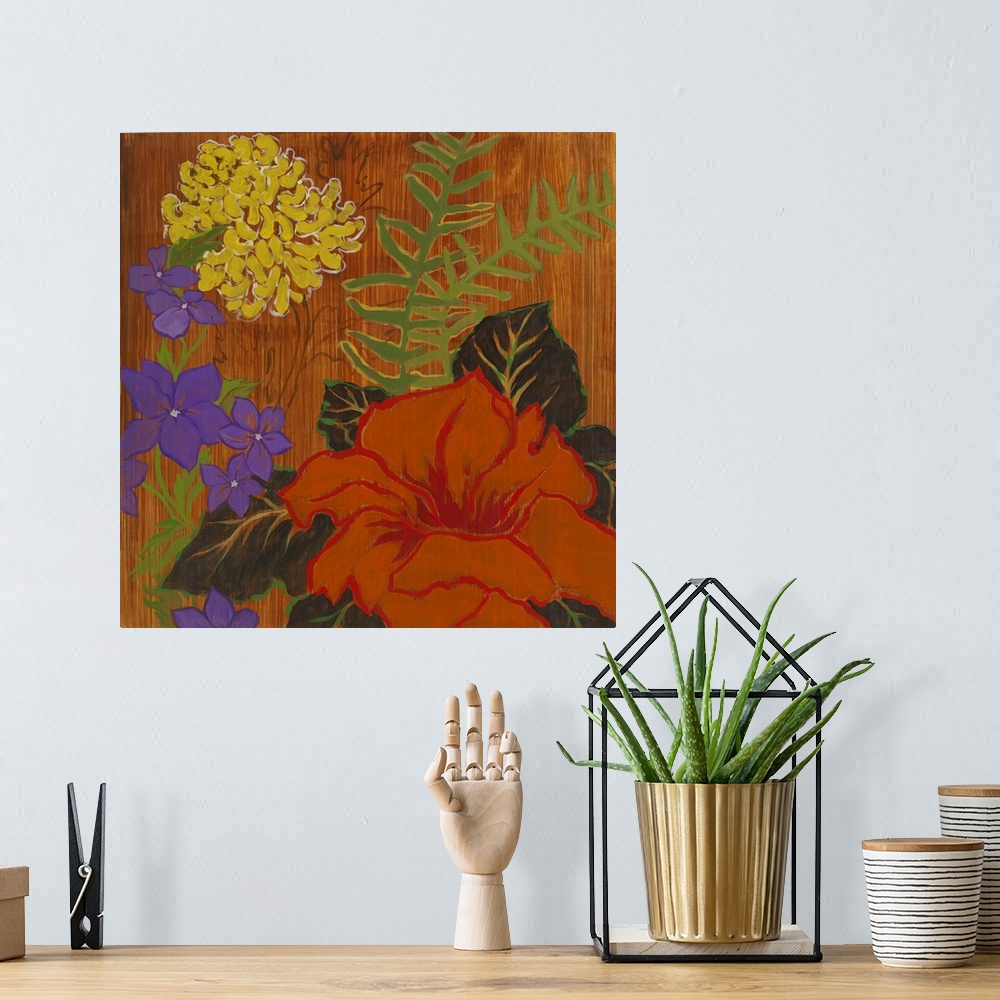 A bohemian room featuring A square abstract painting of large flowers and leaves in bold primary colors on a brown streaked...