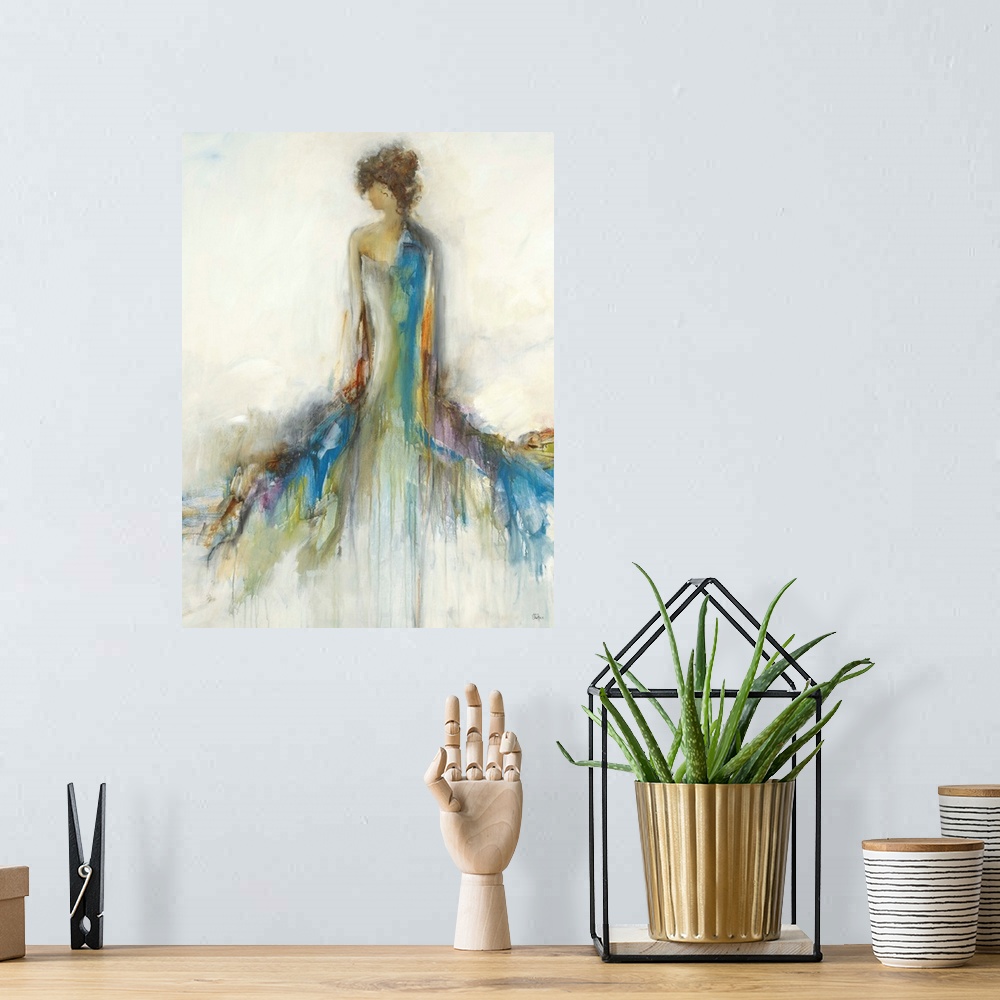 A bohemian room featuring Abstract portrait of the back of a woman with a long, colorful, flowing dress with the hues dripp...